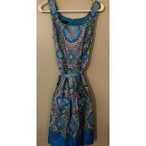Talbots Turquoise Floral Size 6 Women Dress 98%Cotton Lined Belted Stylish